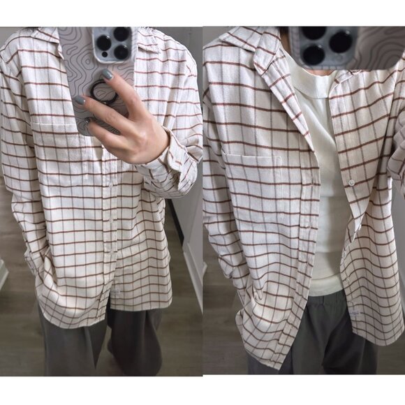 NWOT Frank Eileen JOEDY Flannel Shirt Cream and Brown Windowpane Size Small - Picture 2 of 8